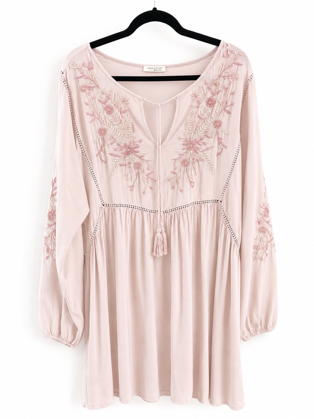 Linen Blush Pink Embroidered Peasant Dress
